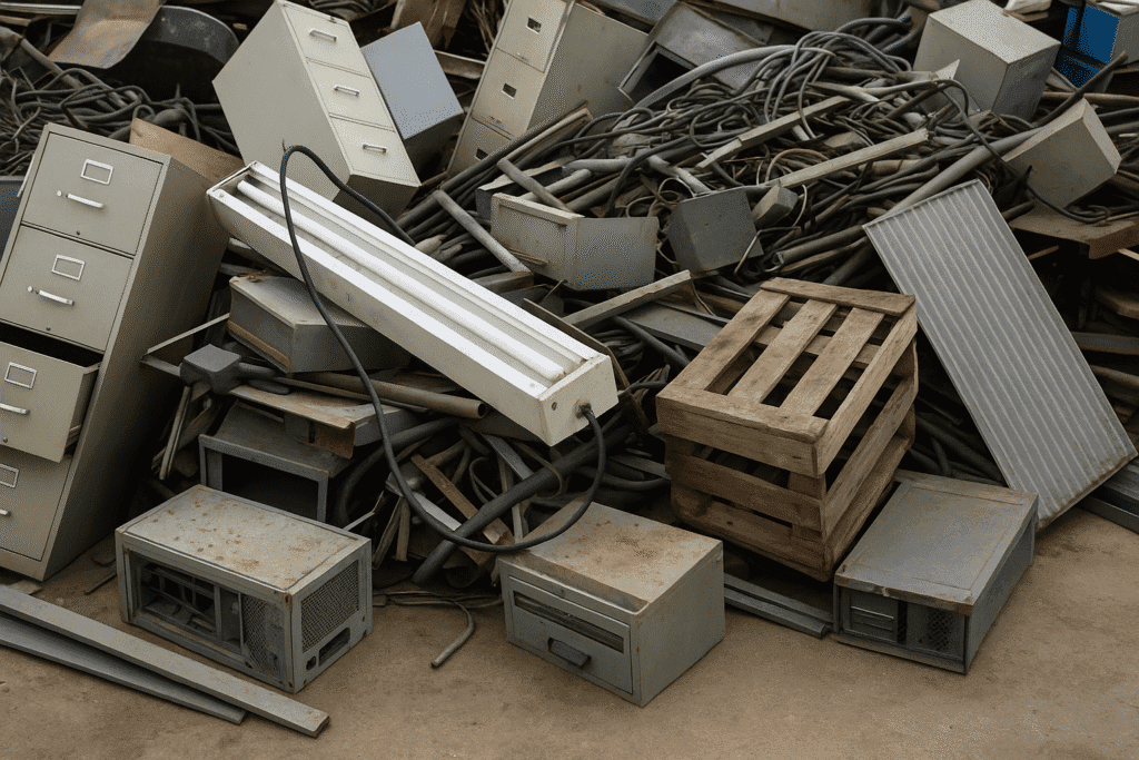 Office and commercial junk ready for removal A pile of discarded commercial junk including filing cabinets, metal shelves, wooden pallets, and office equipment